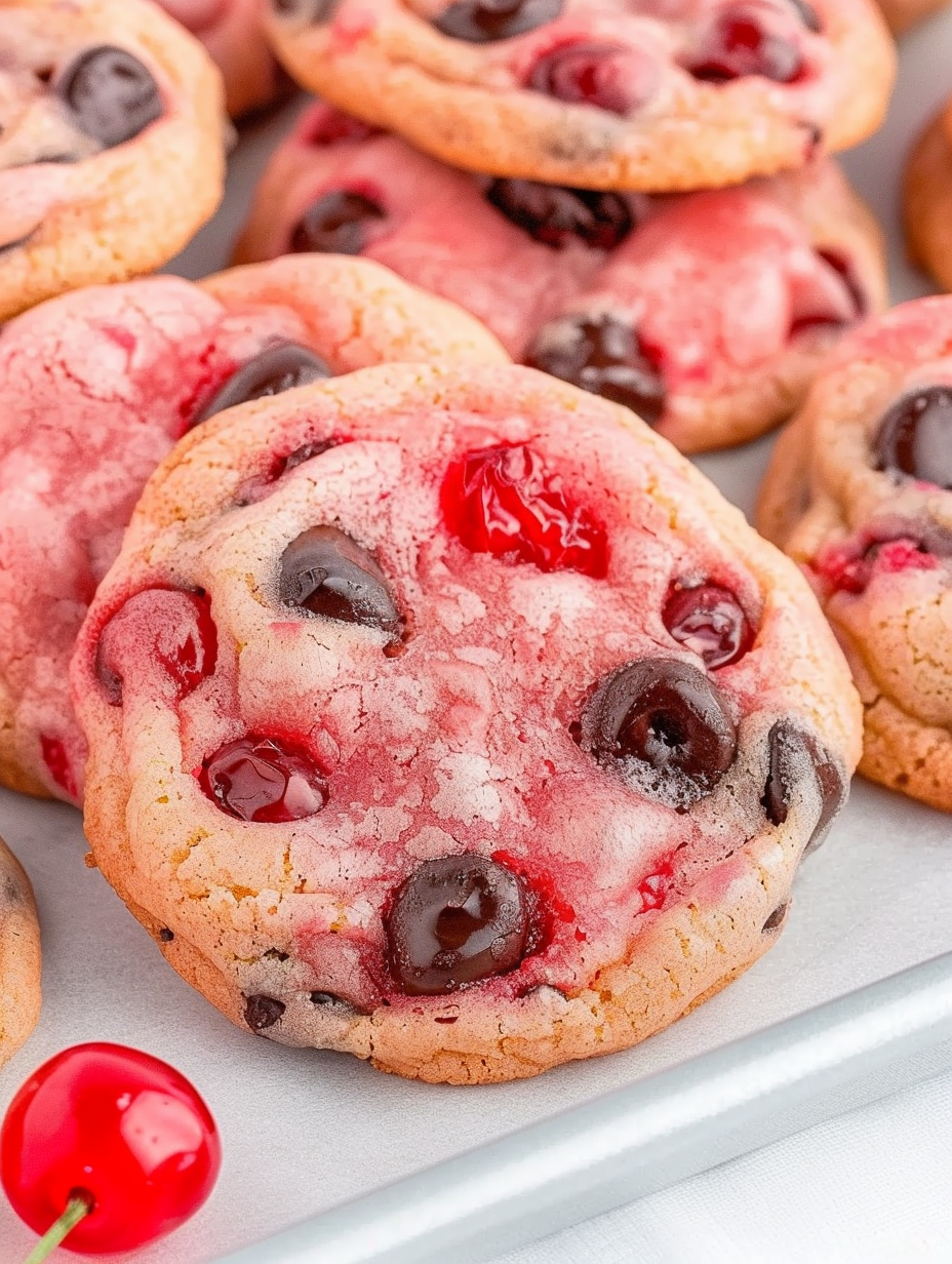 Baked cherry chocolate chip cookies on parchment