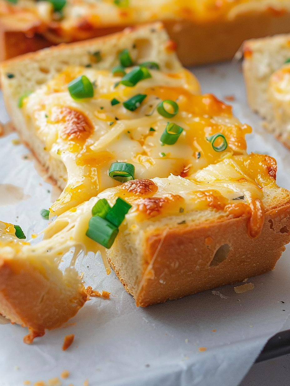 Close up of cheesy pull from garlic bread