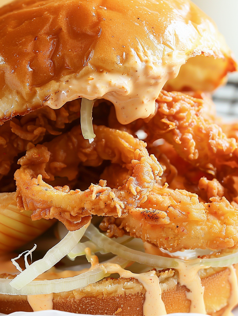 Close-up of seasoned flour and onion slices ready to be fried
