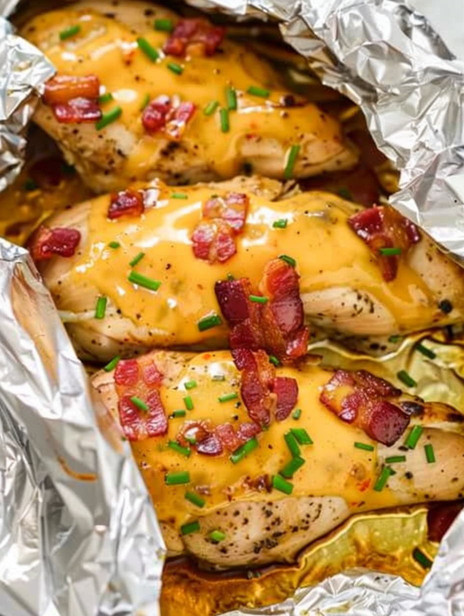 Chicken and potatoes in foil packet on baking sheet