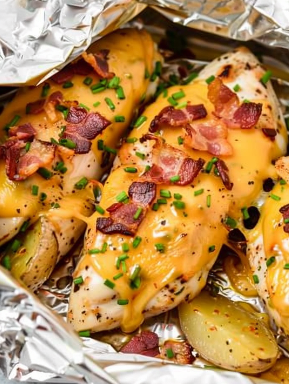 Finished foil packet opened with melted cheese and bacon