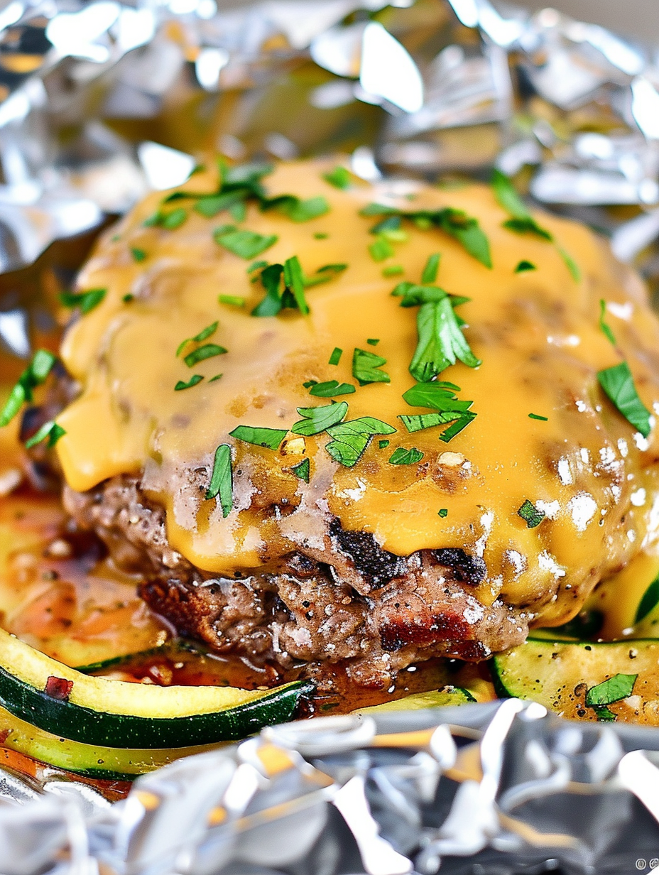 Air fryer foil packets cooking with cheese melted over beef