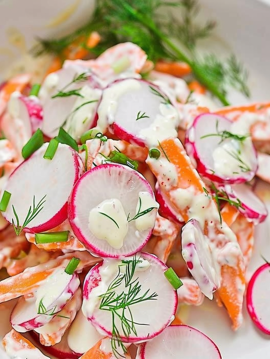 sliced radishes and matchstick carrots in a bowl
