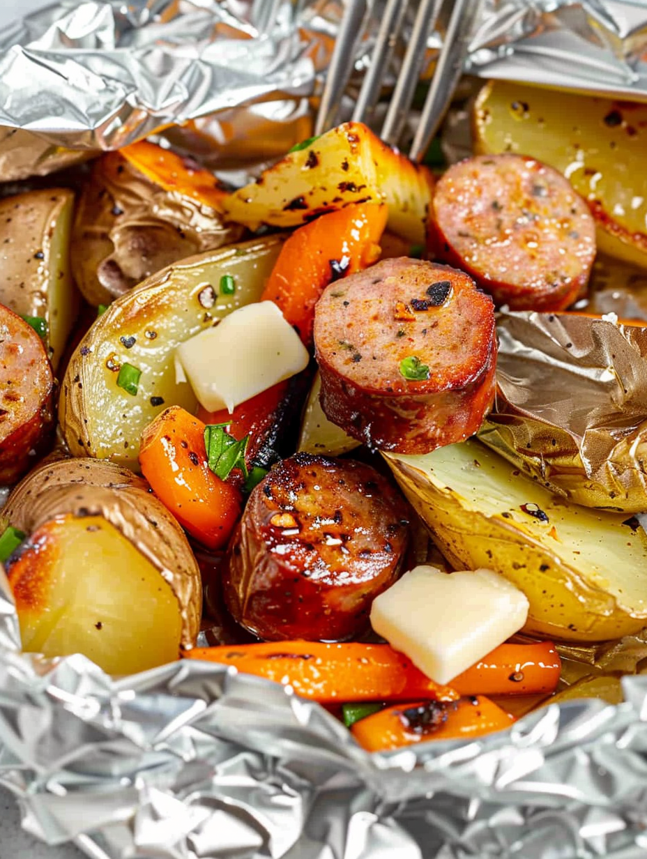 Assembled foil packets ready for air fryer on counter