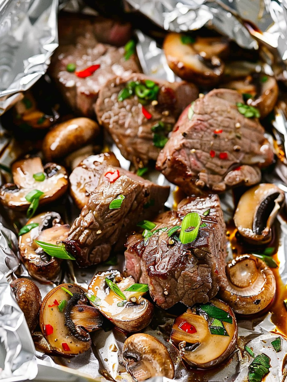 Steak and mushrooms foil packs on the grill