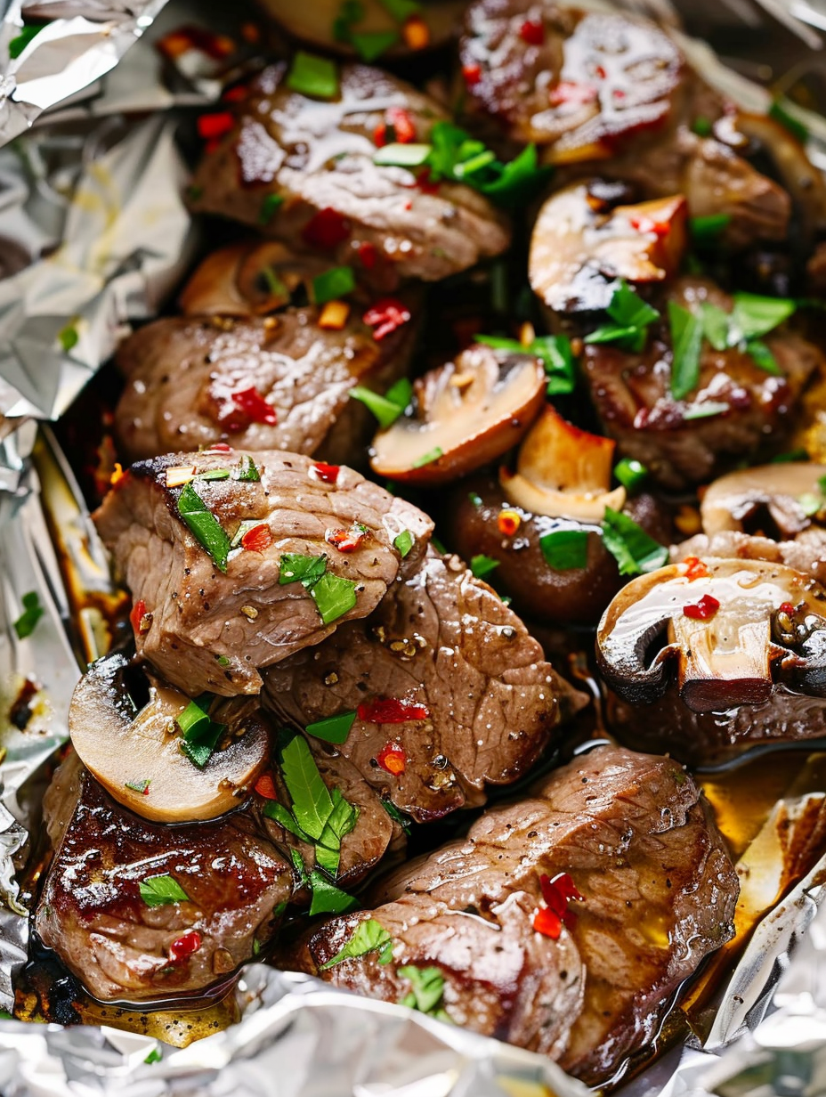 Open foil pack showing tender steak and mushrooms