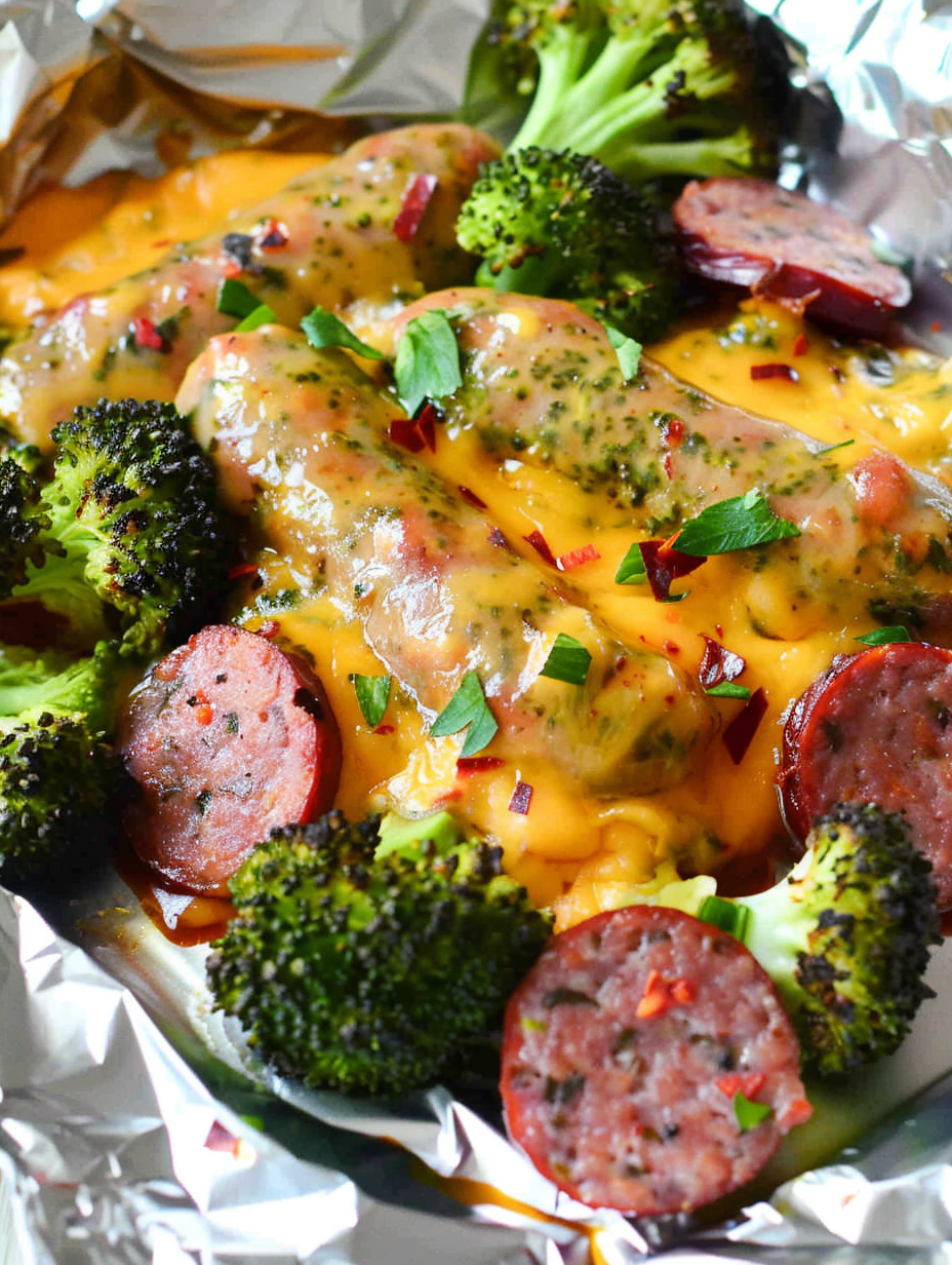 Sausage and broccoli foil packet on baking sheet