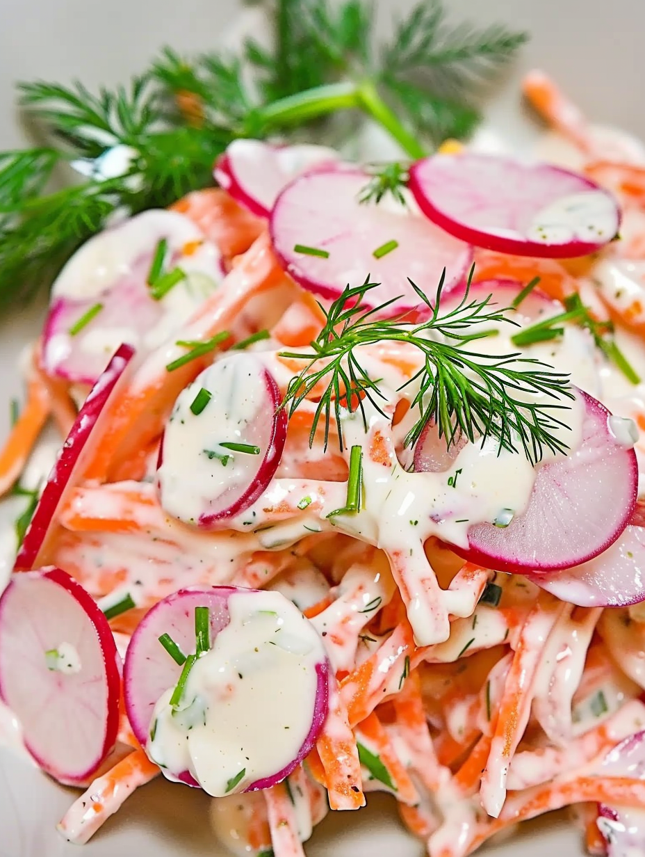 Close-up of creamy radish and carrot salad