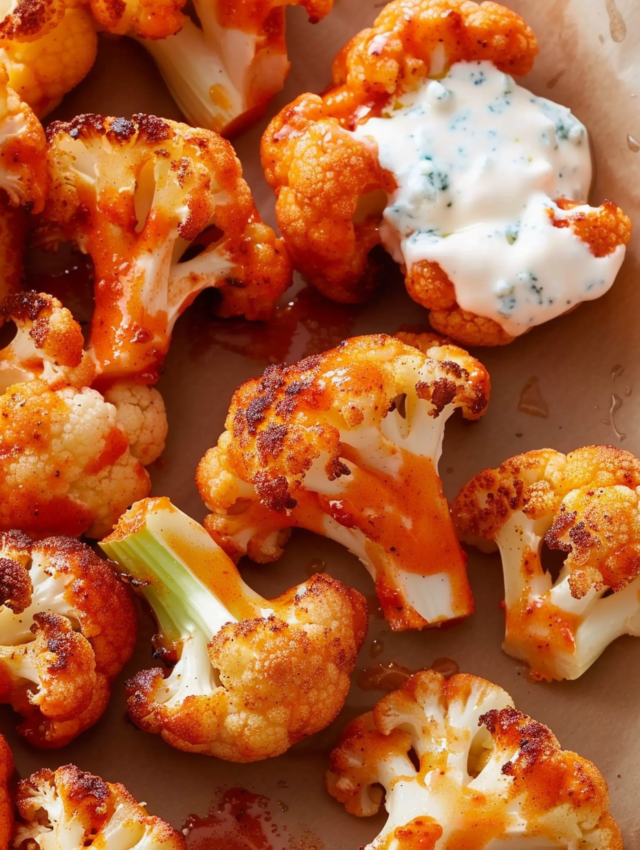 Close-up of a buffalo cauliflower floret dipped into blue cheese