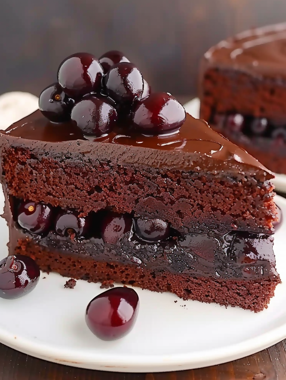 Sliced chocolate cake with cherry jam