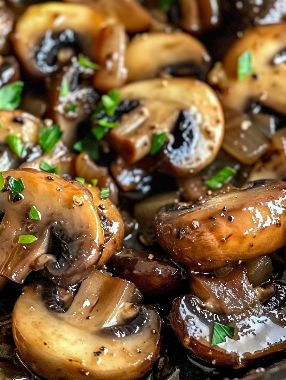 Sautéed mushrooms in skillet with parsley garnish