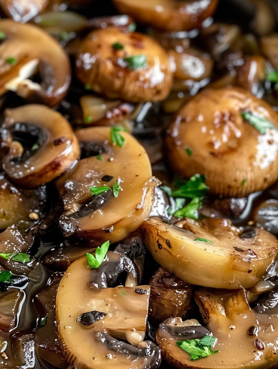 Close-up of sautéed mushrooms with herbs