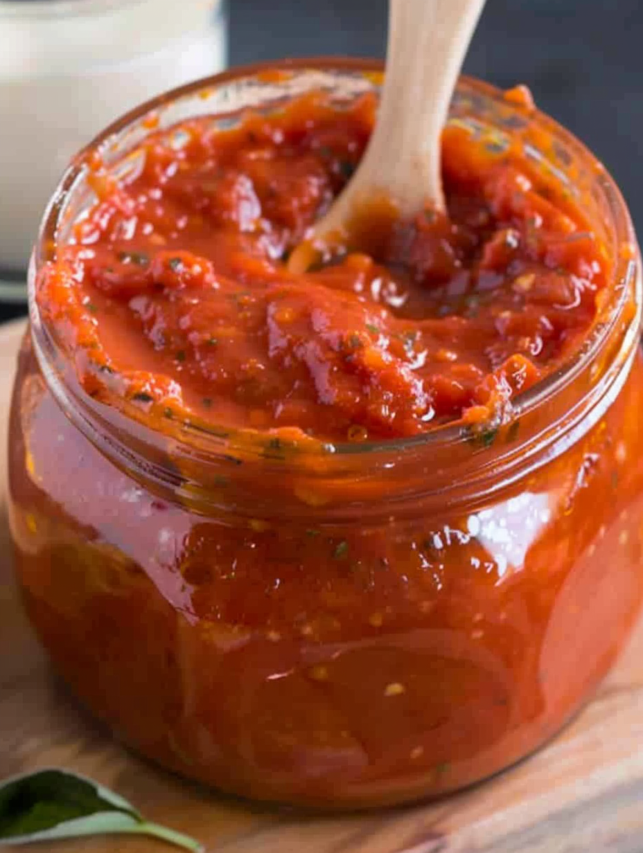 Bowl of finished pizza sauce with herbs