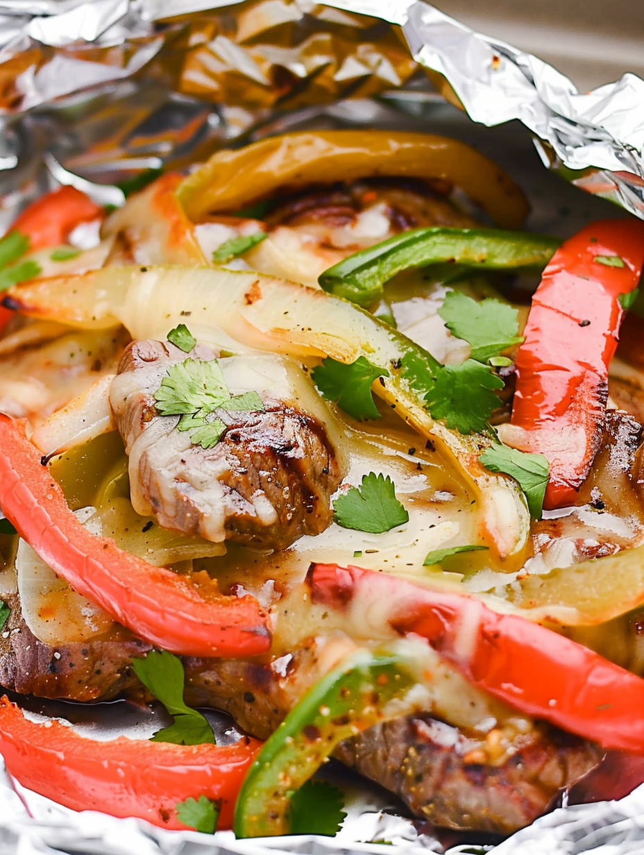Keto steak fajita foil packet on a baking sheet