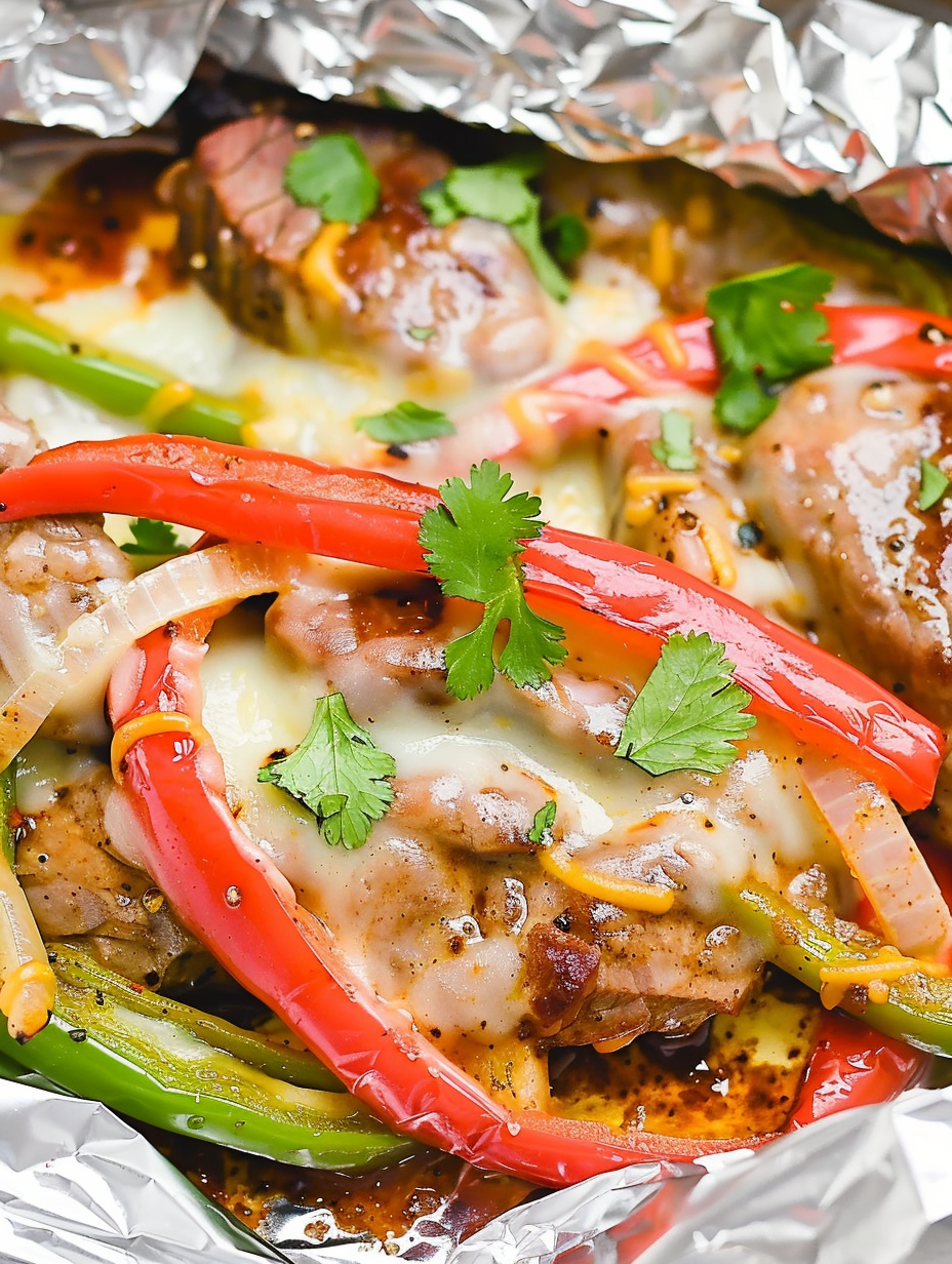 Stack of opened steak fajita foil packets with garnish