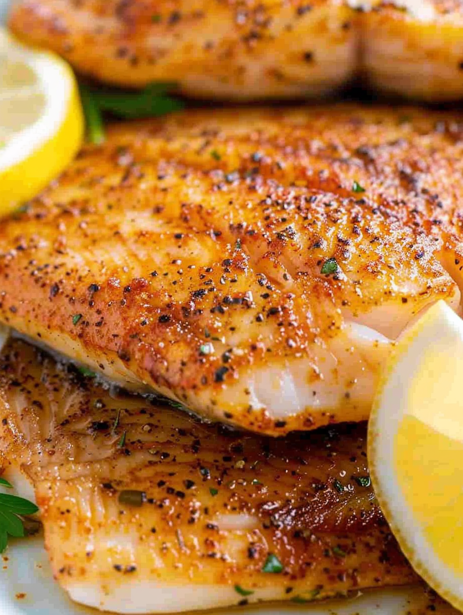 Cooked tilapia fillet served with lemon
