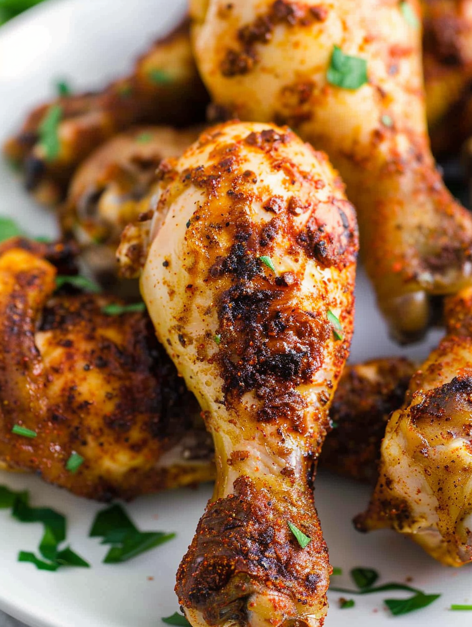 Air fryer chicken legs in basket, golden and crispy