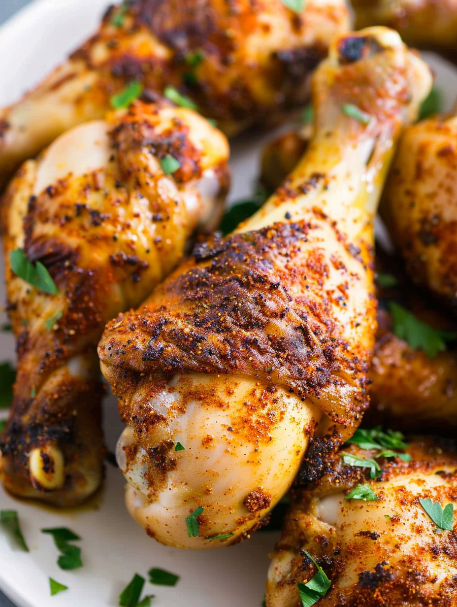 Plated crispy chicken legs with garnish on serving platter