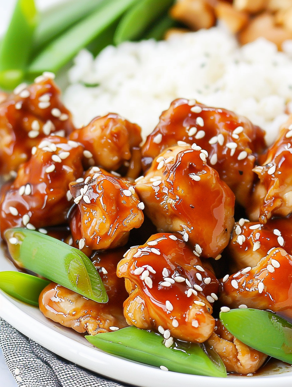 Plated healthy sesame chicken in a bowl with sesame seeds