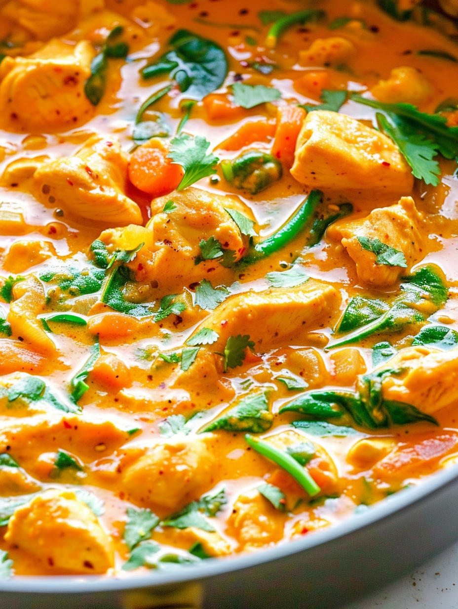 Thai chicken coconut curry in a skillet with cilantro garnish