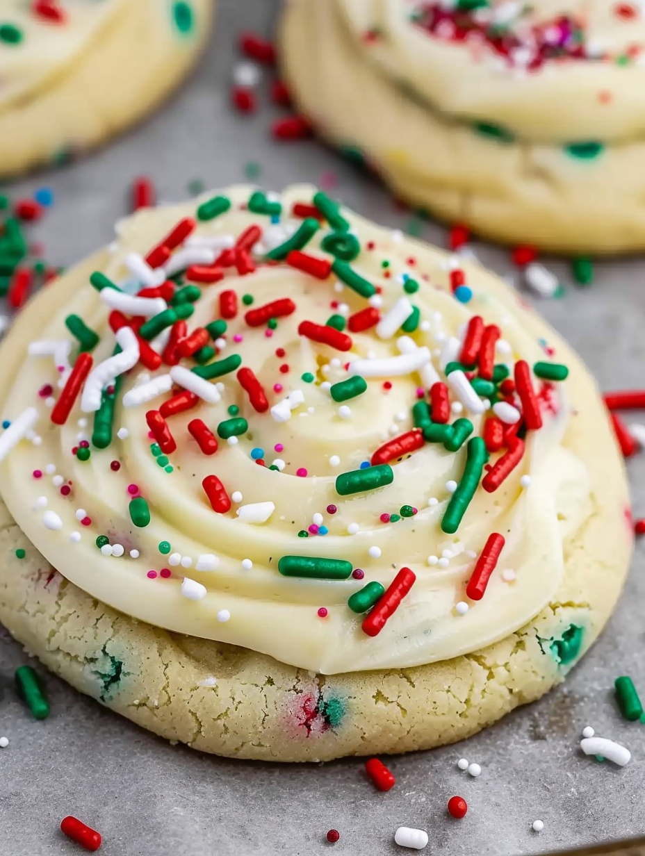 Stack of cake batter cookies with piped frosting and sprinkles