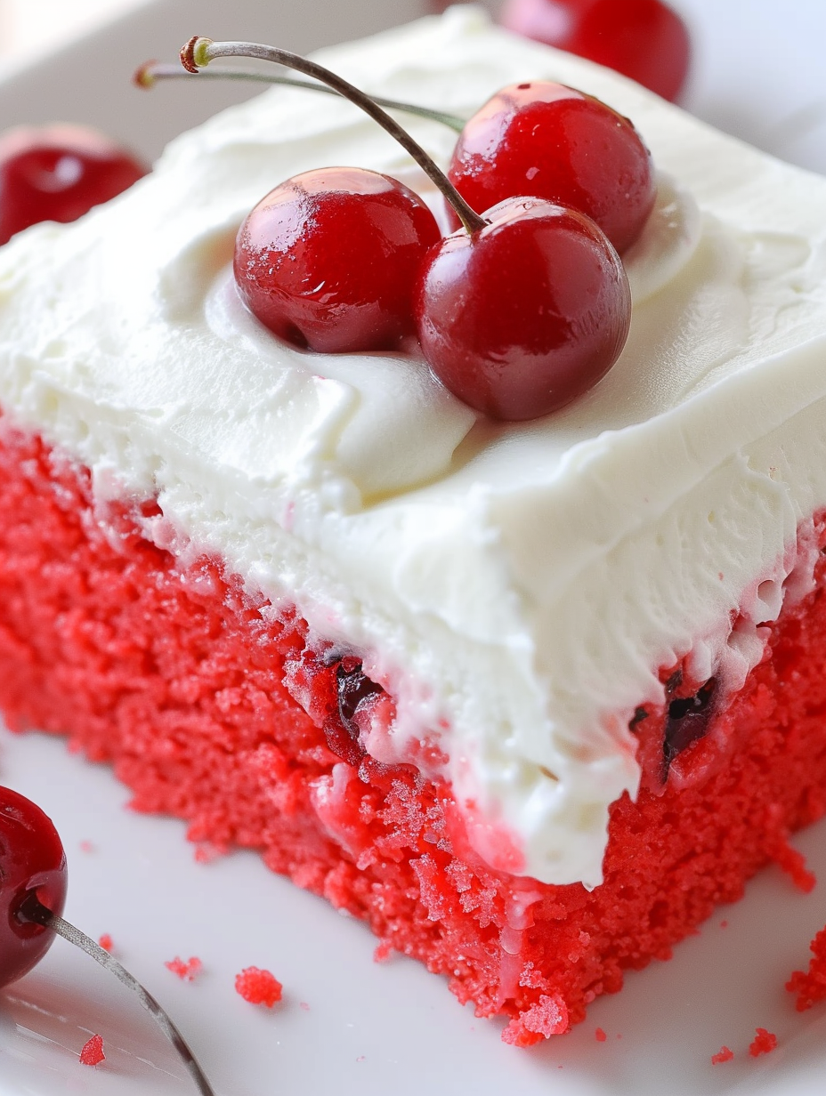 Cherry sheet cake with almond frosting on a cooling rack