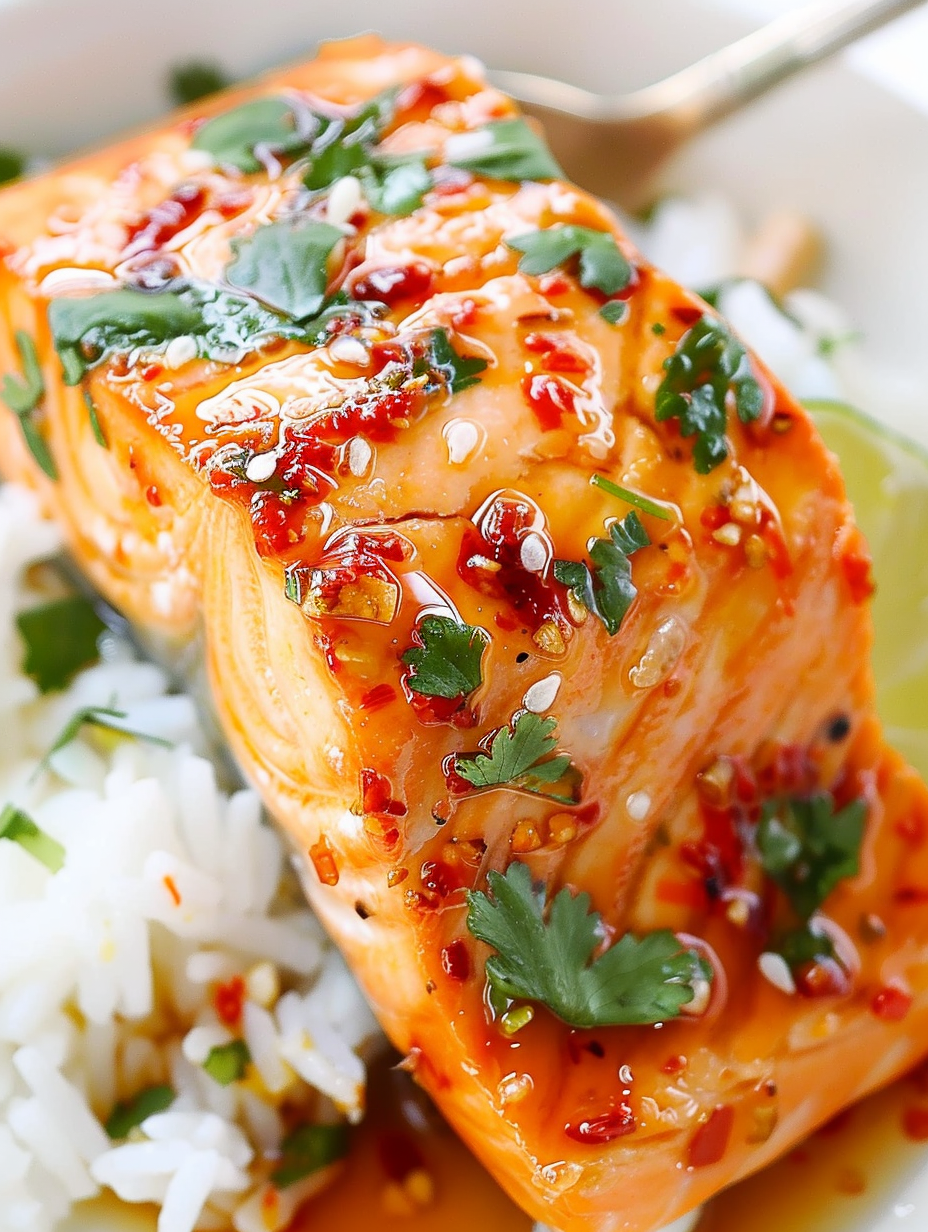 Sweet Chili Salmon in a skillet with glaze