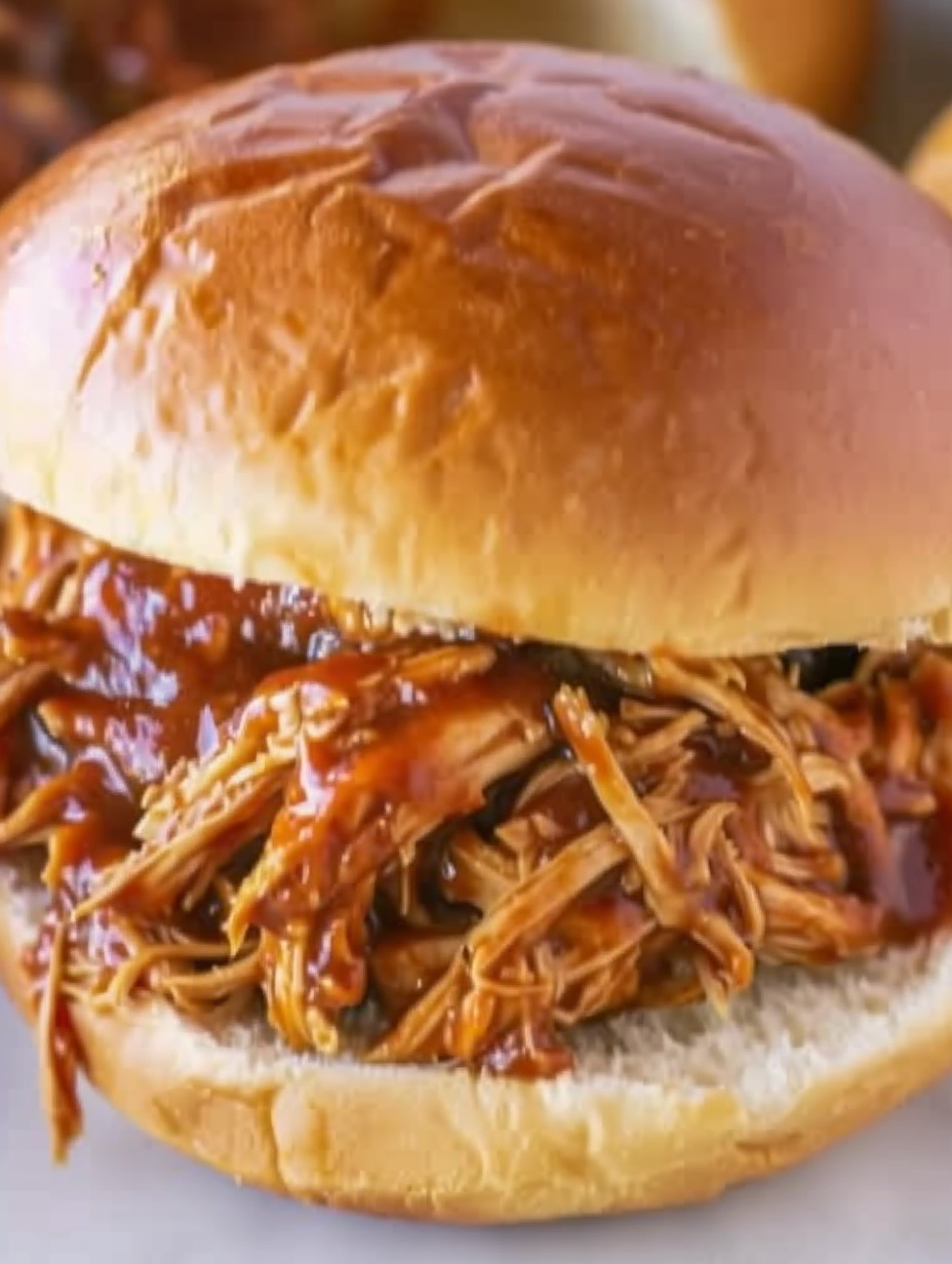 Slow cooker pulled chicken in a serving dish