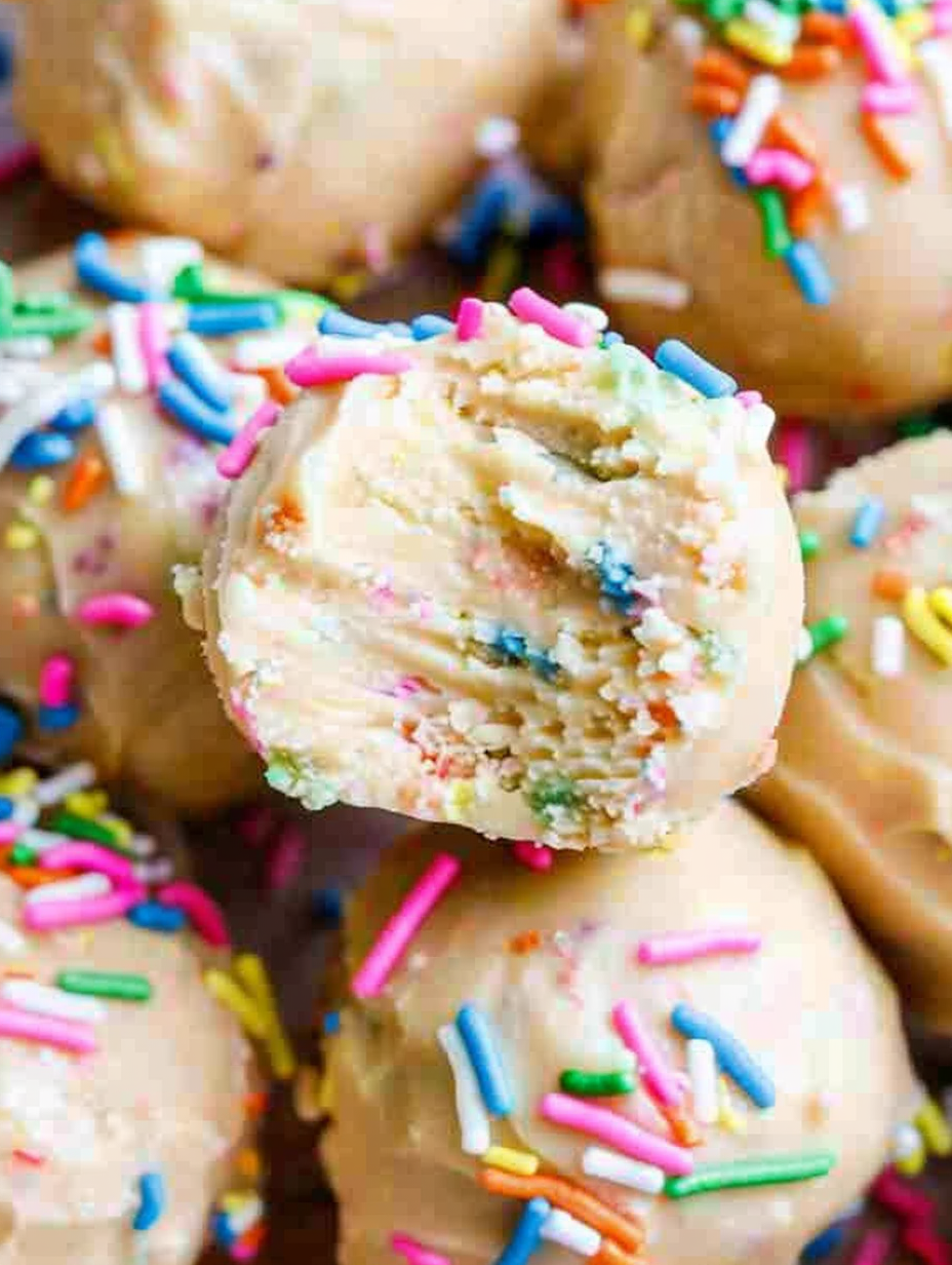 Close-up of a birthday cake fat bomb with sprinkles