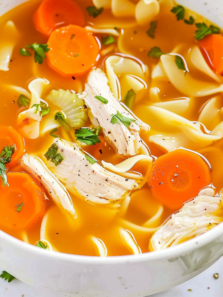 Slow cooker chicken noodle soup simmering in crock pot
