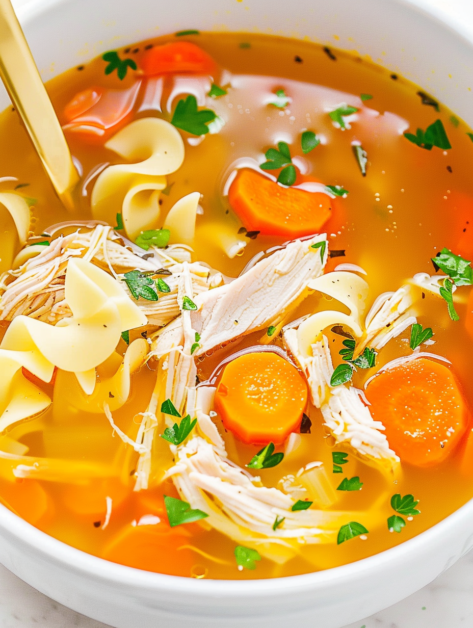 Bowl of chicken noodle soup garnished with parsley