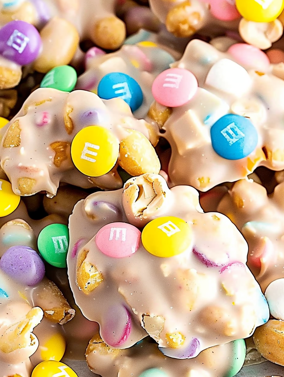 Finished Easter candy clusters with pastel M&Ms