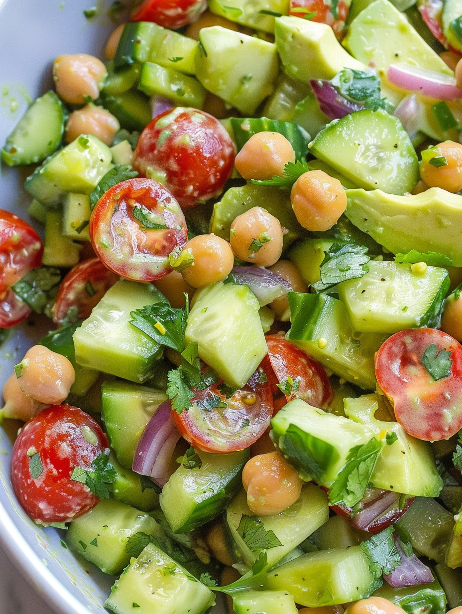 Cilantro lime avocado cucumber salad with tomatoes in a bowl