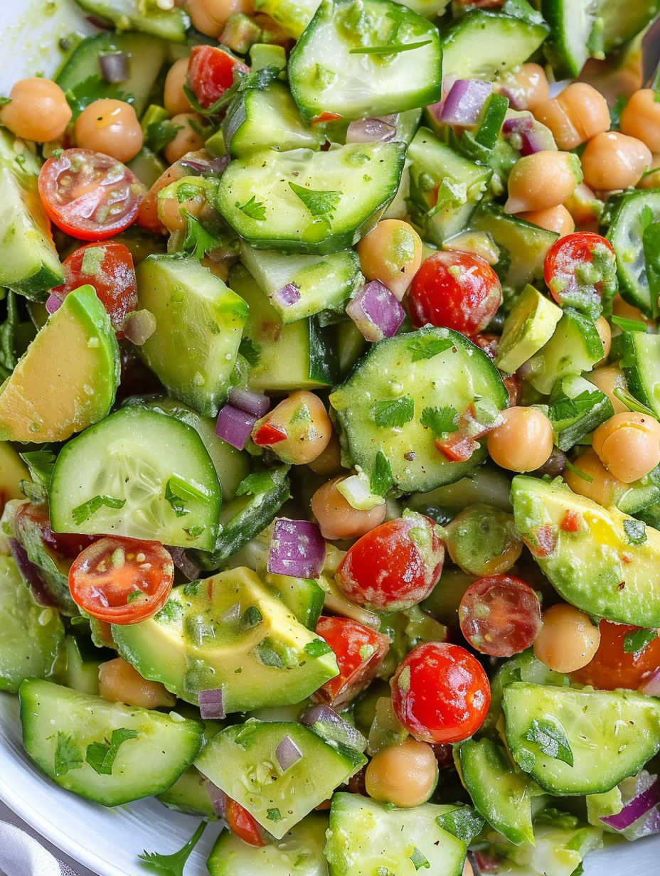 Close up of cucumbers, tomatoes and avocado with cilantro lime dressing