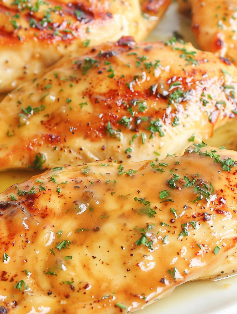 Seared chicken breasts in skillet with honey mustard sauce
