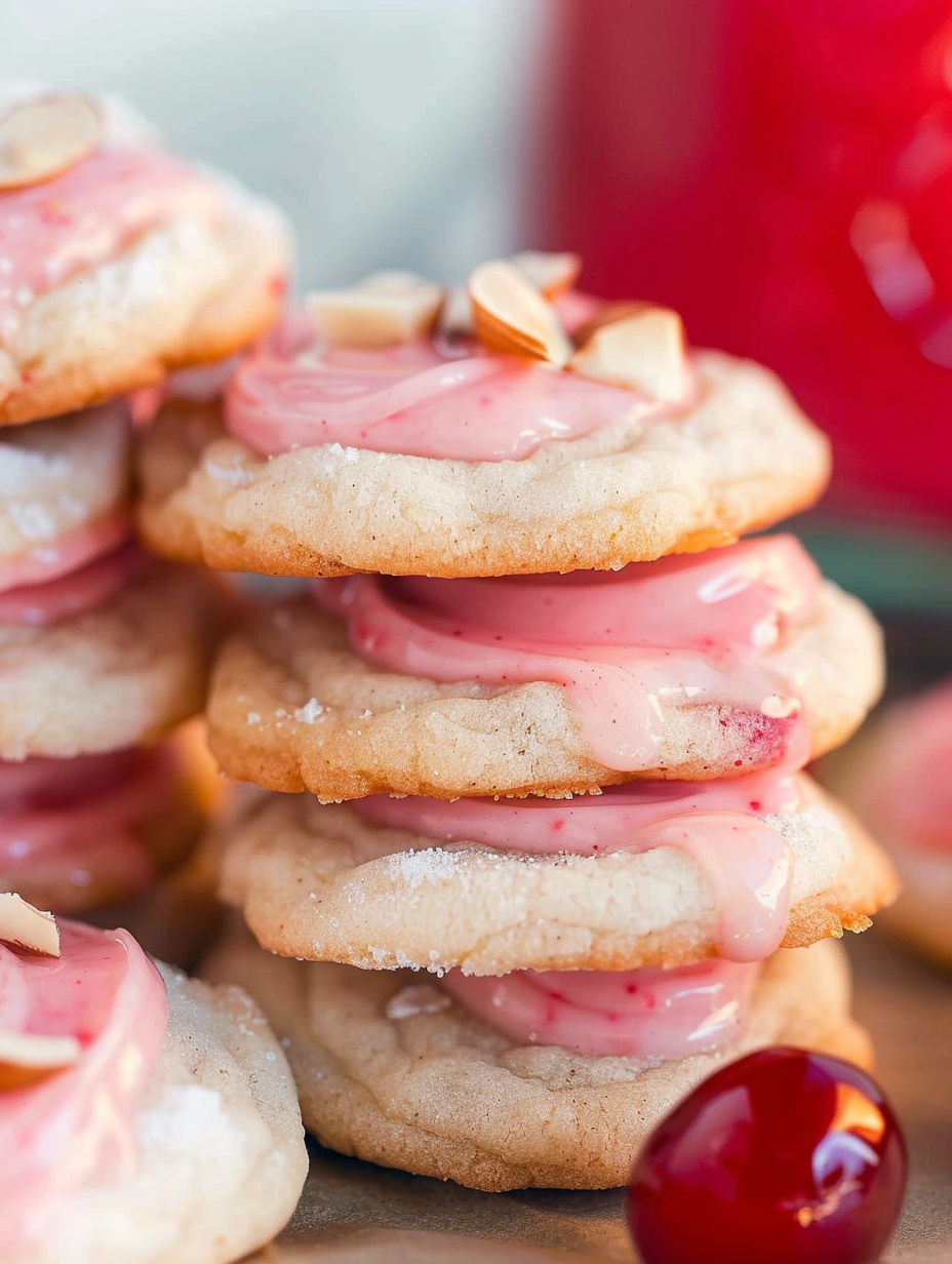 Tray of iced cherry almond cookies