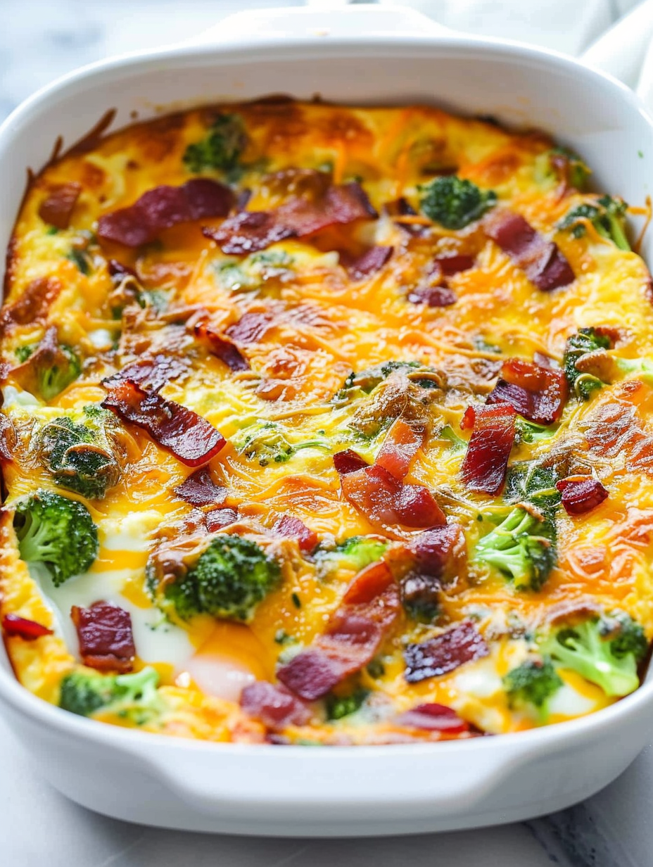 Keto overnight breakfast casserole with broccoli and cheddar