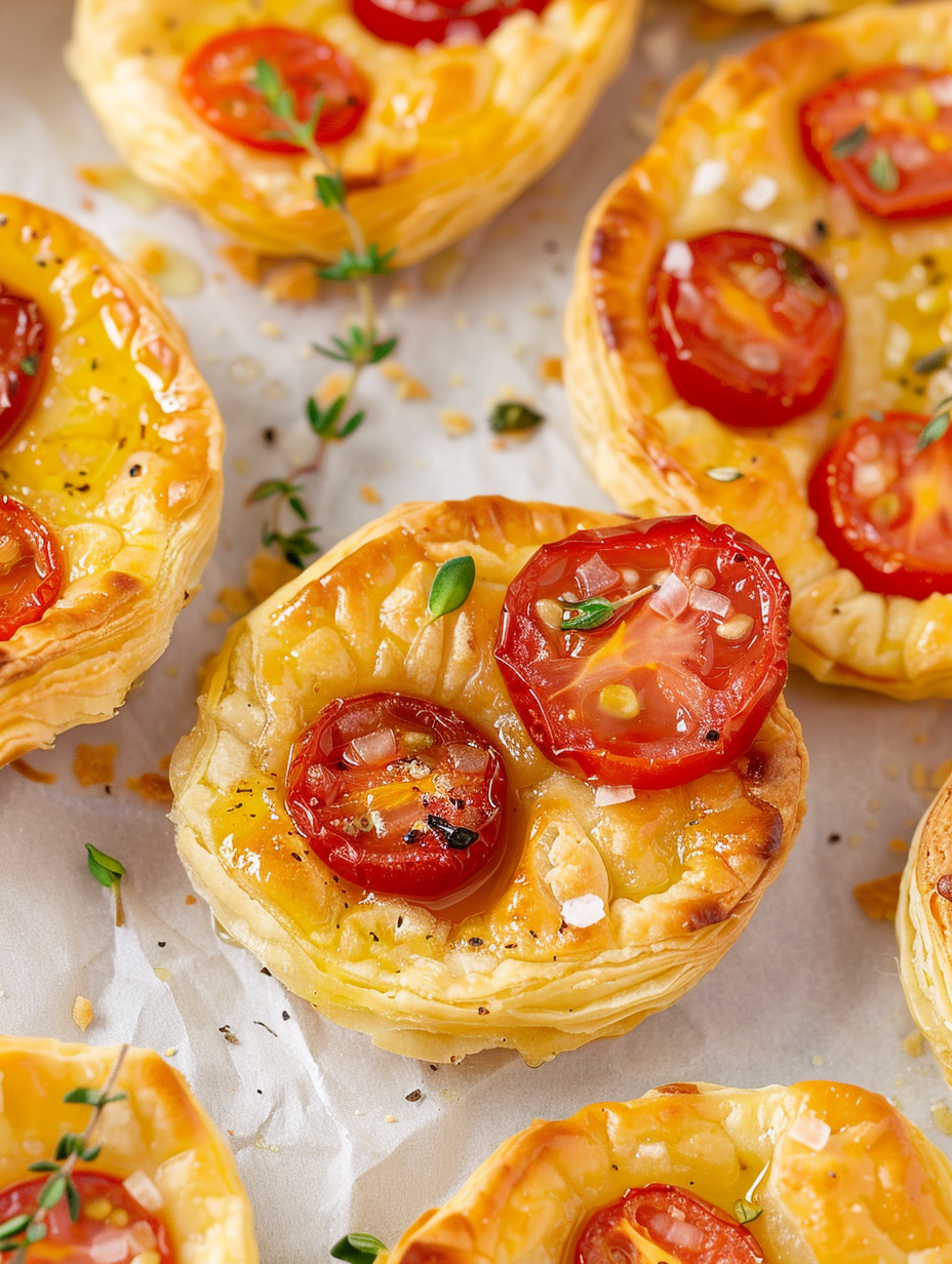 Close up of roasted cherry tomatoes on pastry