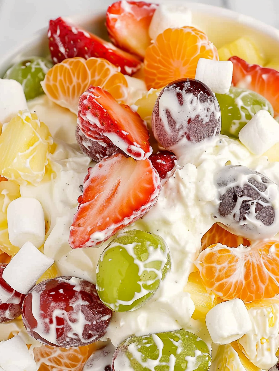 Bowl of pudding fruit salad with fresh strawberries and mandarin oranges
