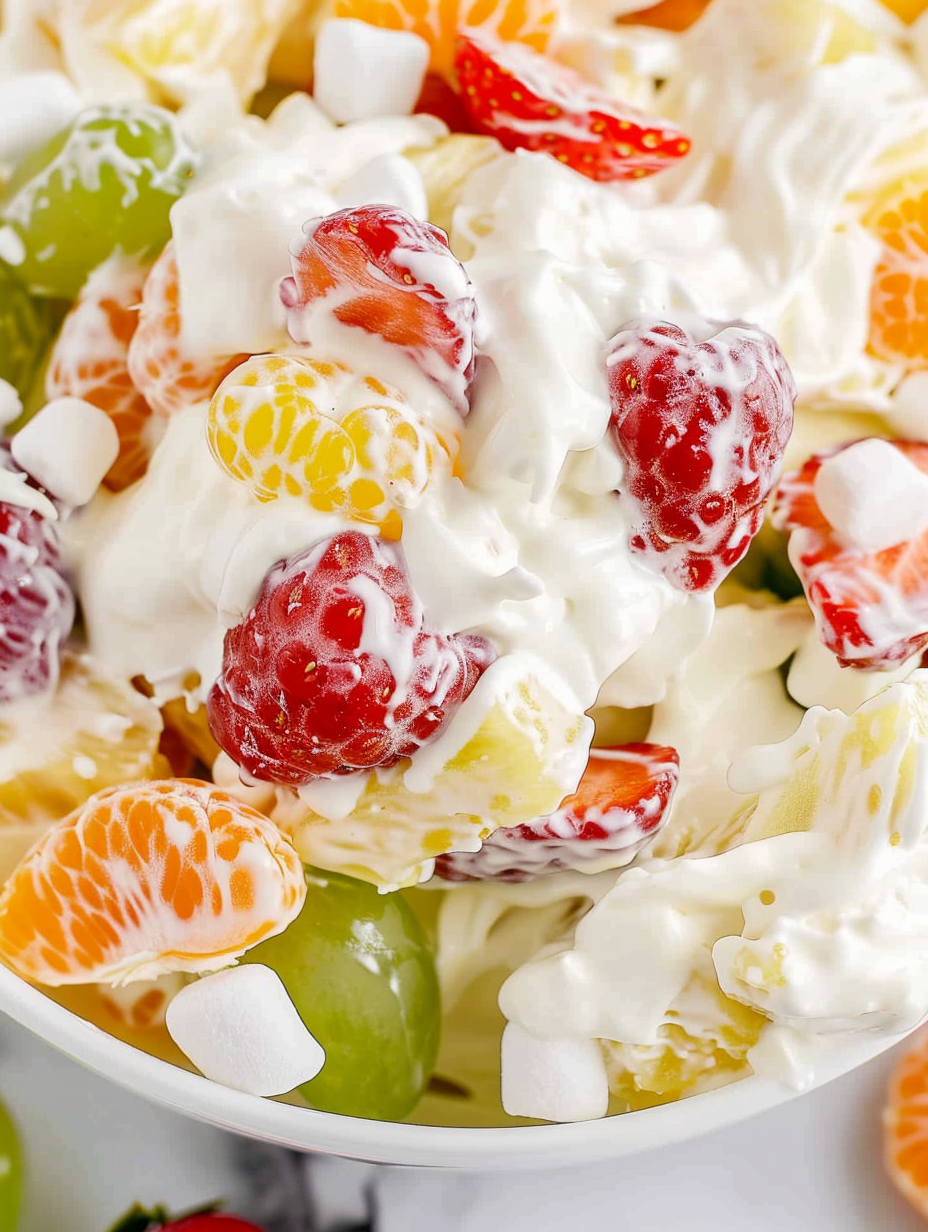 Serving spoon lifting creamy fruit salad