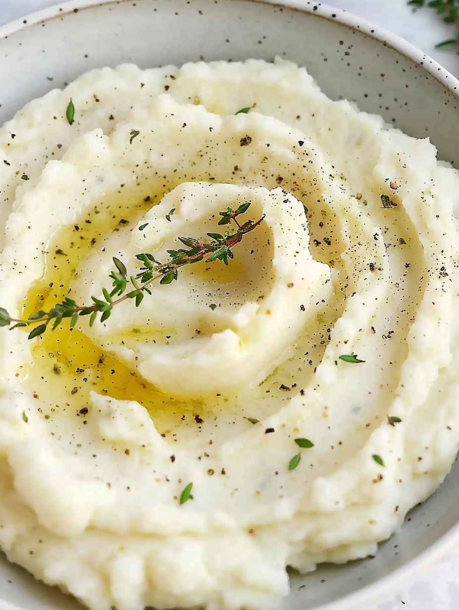 Spoon scooping creamy mashed cauliflower from serving dish