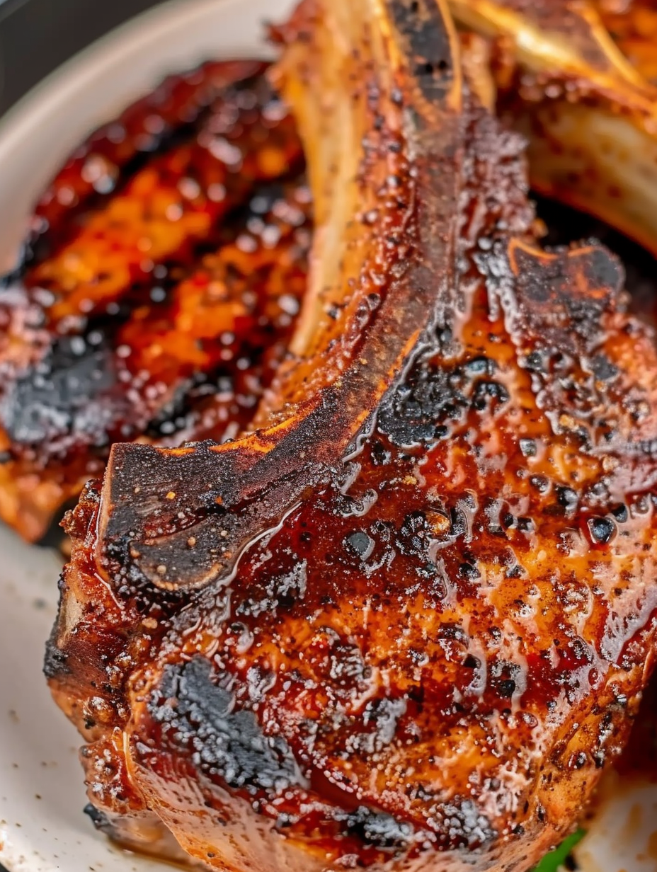 Grilled pork chops plated with garnish