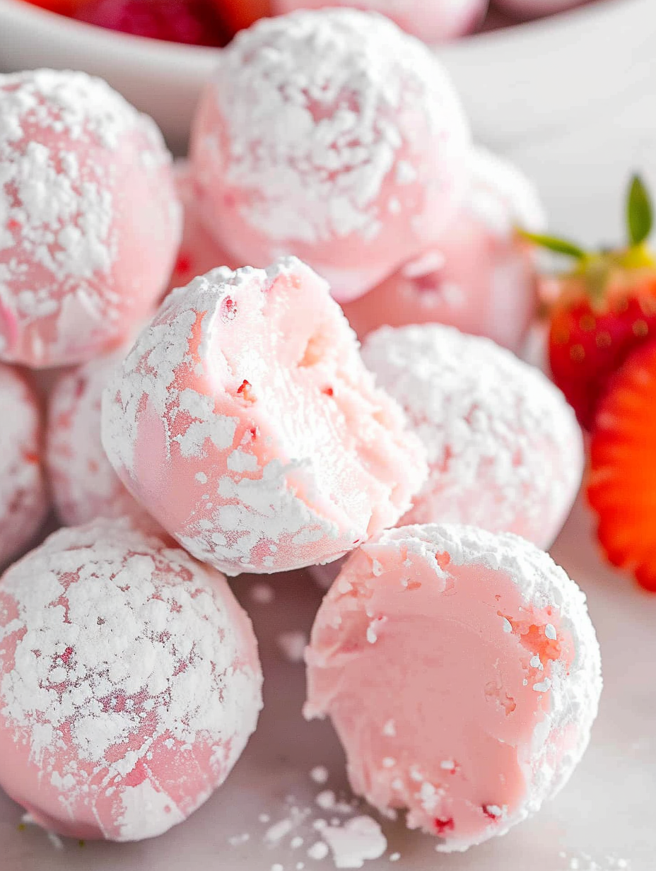Pink strawberry truffles on a parchment-lined tray