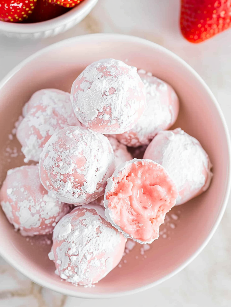 Close-up of a strawberry truffle cut in half showing creamy center