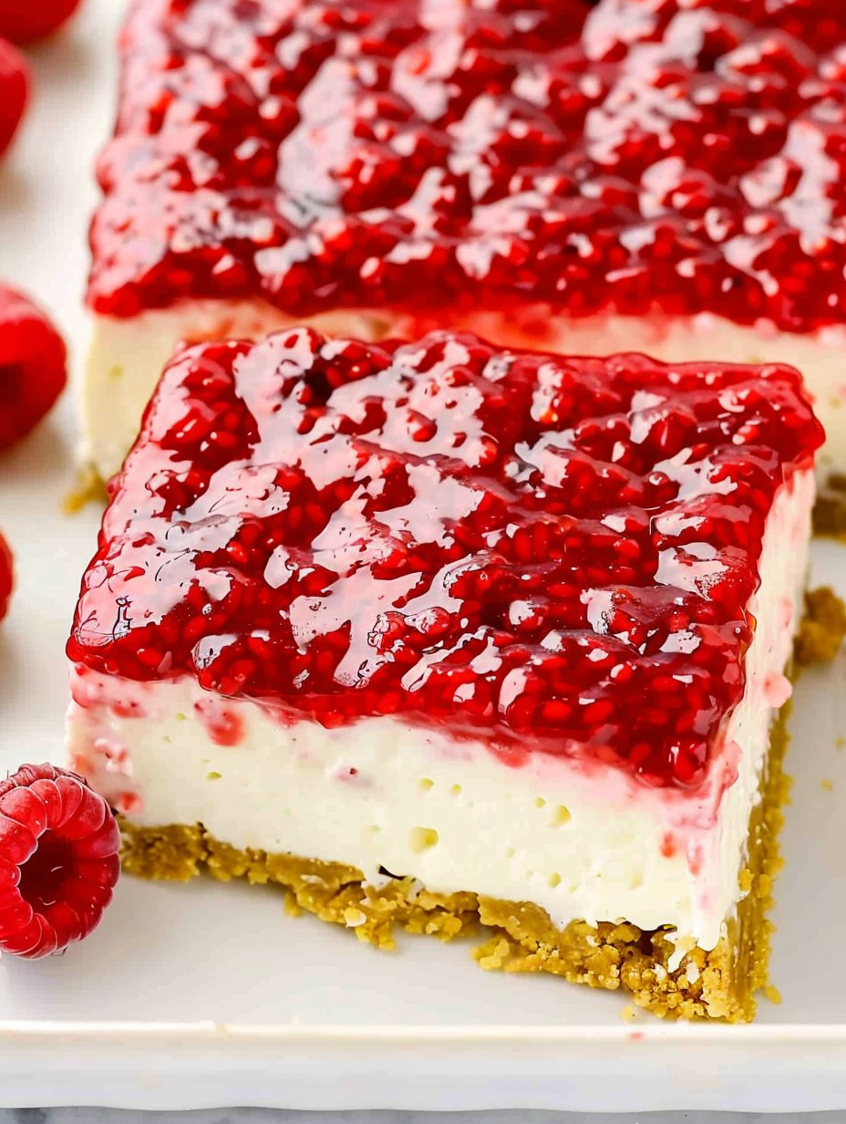 Close up of raspberry sauce being spooned over cheesecake