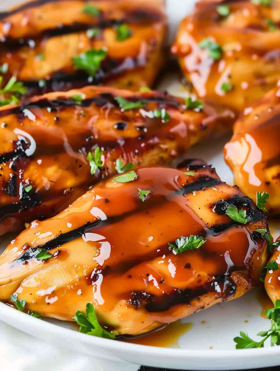 Plated honey barbecue chicken with parsley garnish