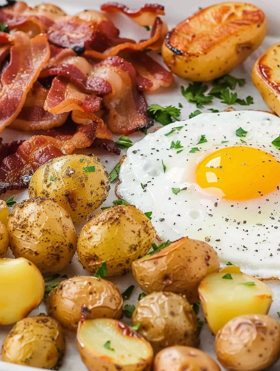 Sheet pan breakfast with potatoes, bacon and eggs
