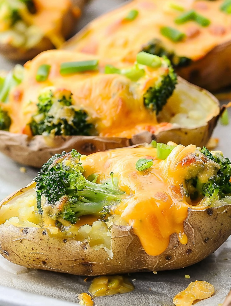 Broccoli and Cheddar Potato Skins close-up