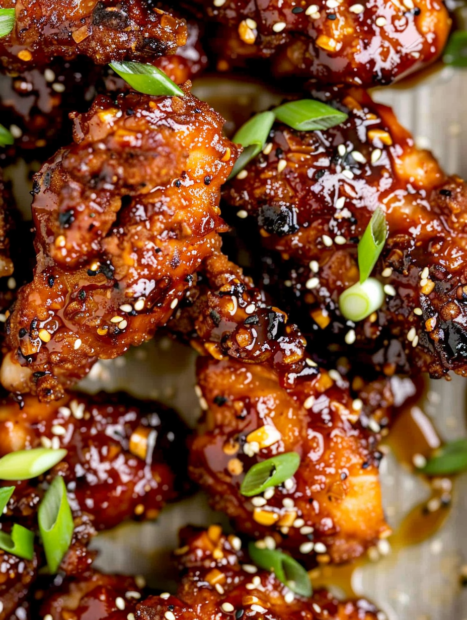 Close up of saucy Korean-style chicken with sesame seeds and green onions