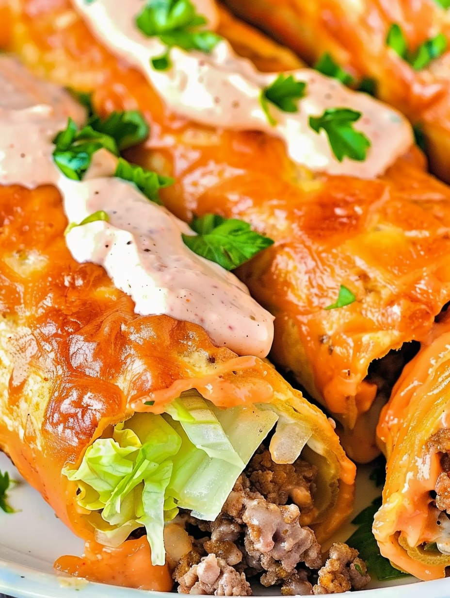 Assembled keto Big Mac roll-ups on a serving plate